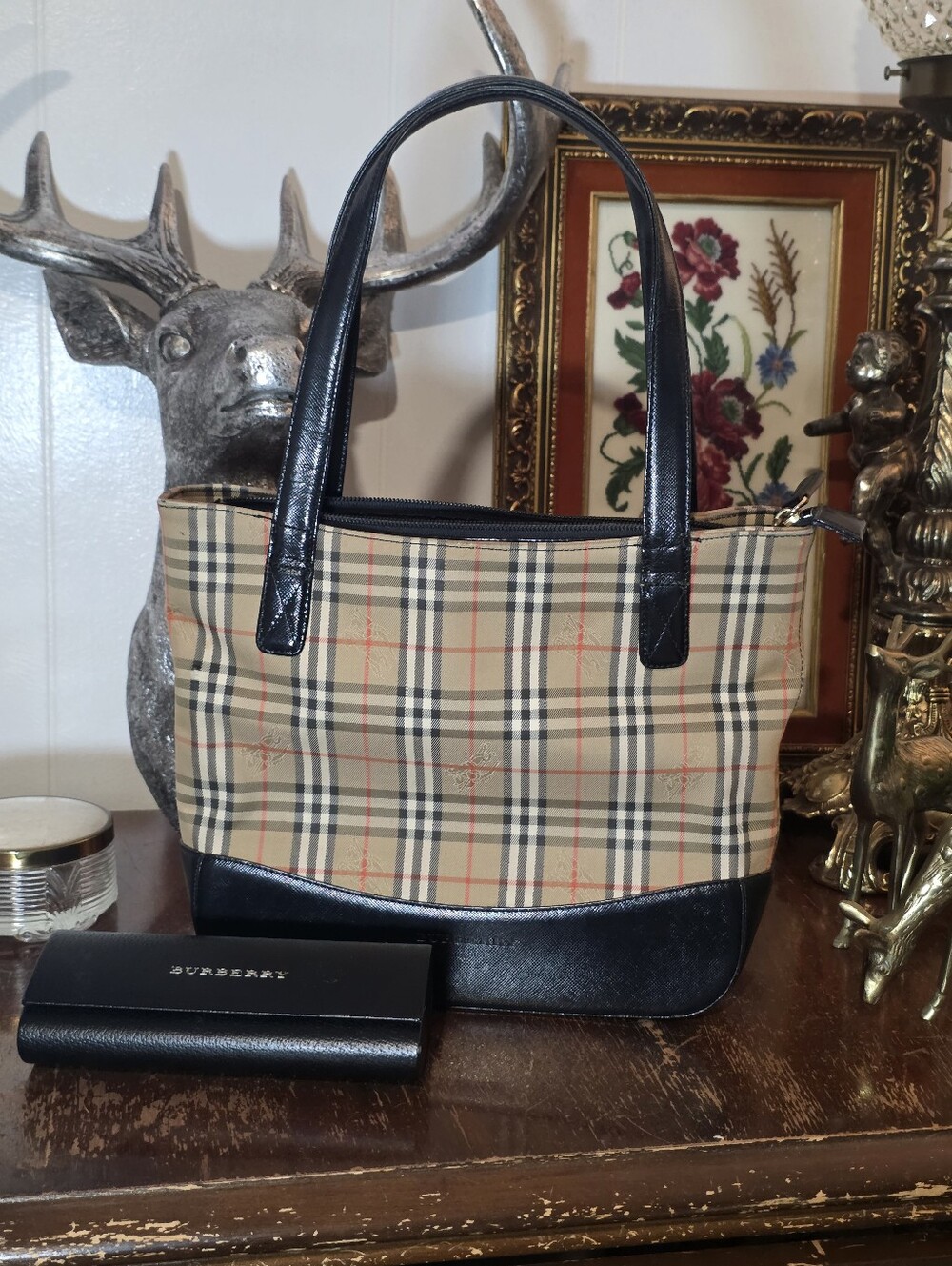 Vintage Burberry Haymarket check canvas and leather bag & Glasses Case